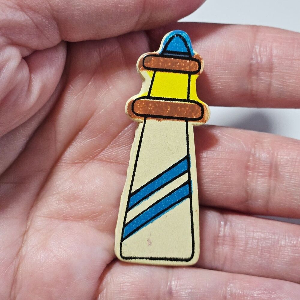 Painted Wooden Lighthouse Brooch Red Yellow Blue